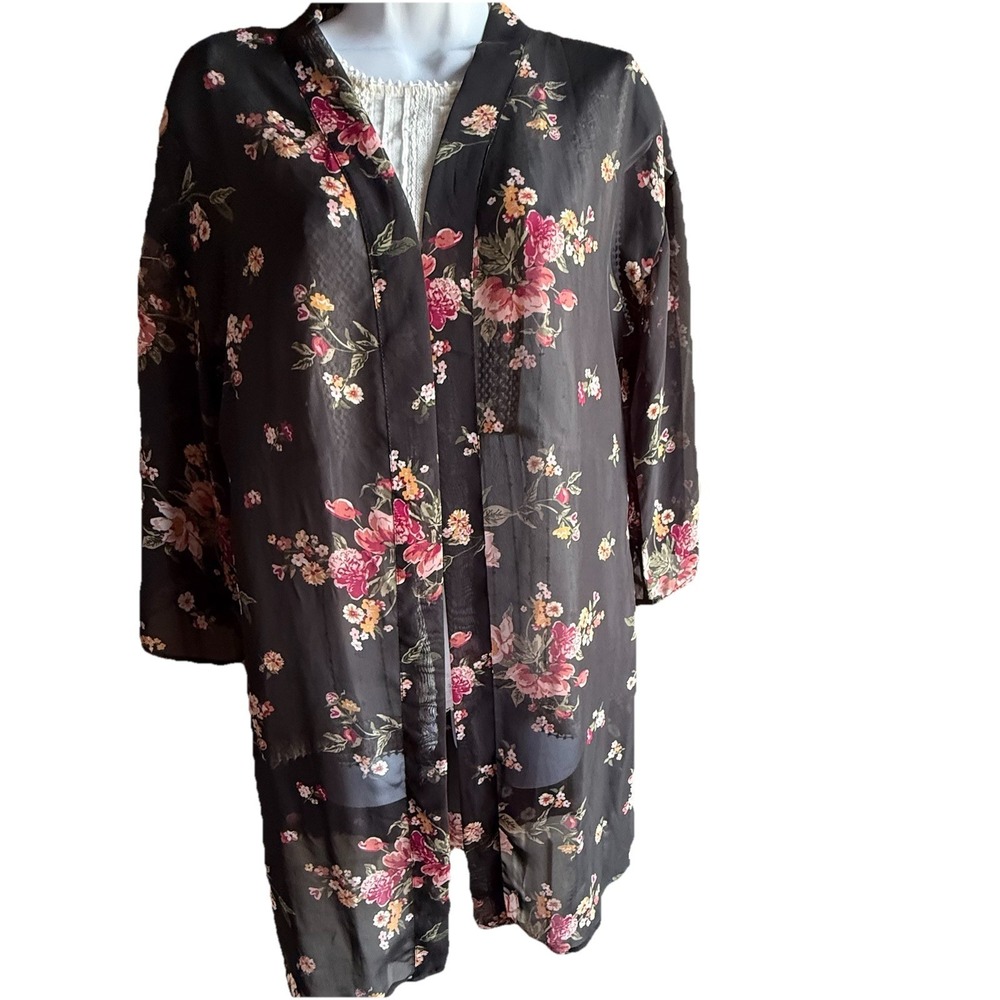Women Floral Print Lightweight Chiffon Open Kimono jacket 3/4 sleeve